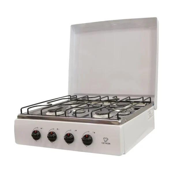 Estufa de mesa marca Cetron de 4 hornillas con tapadera metálica.