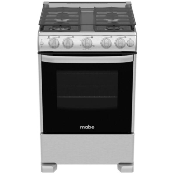 Estufa Mabe de 24" con tapa de cristal, chispero y luz, parrillas de hierro fundido y cubierta de acero inoxidable.