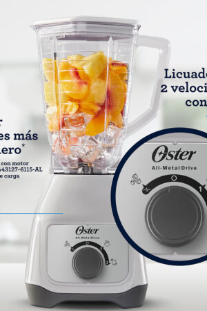 Licuadora Oster de 2 velocidades directa y 1 de pulso, 550 watts de potencia y rendimiento de 800 watts.