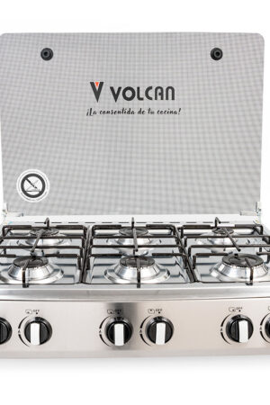 Estufa de mesa Volcán de 6 hornillas con chispero, acero inoxidable y tapadera de cristal templado.